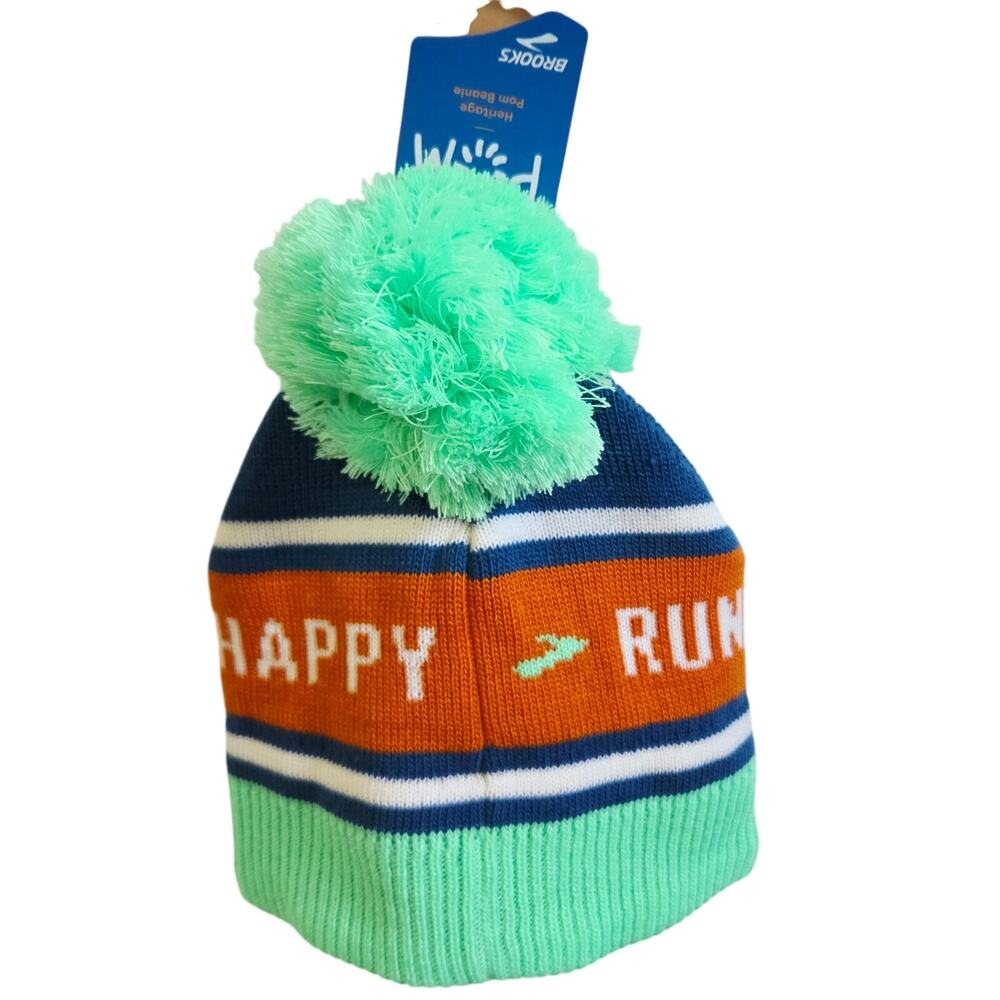 Brooks Happy Run Winter Hat Blue Stripe Pom Pom Heritage Beanie Warm Cozy NWT